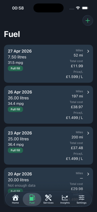 Fillr iPhone screen showing a fuel fill-up log with litres, price per litre and MPG