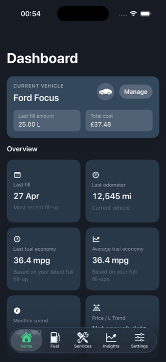 Fillr dashboard summarising vehicle running costs and fuel economy