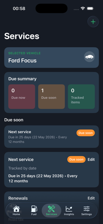 Fillr service history and renewal reminder screen